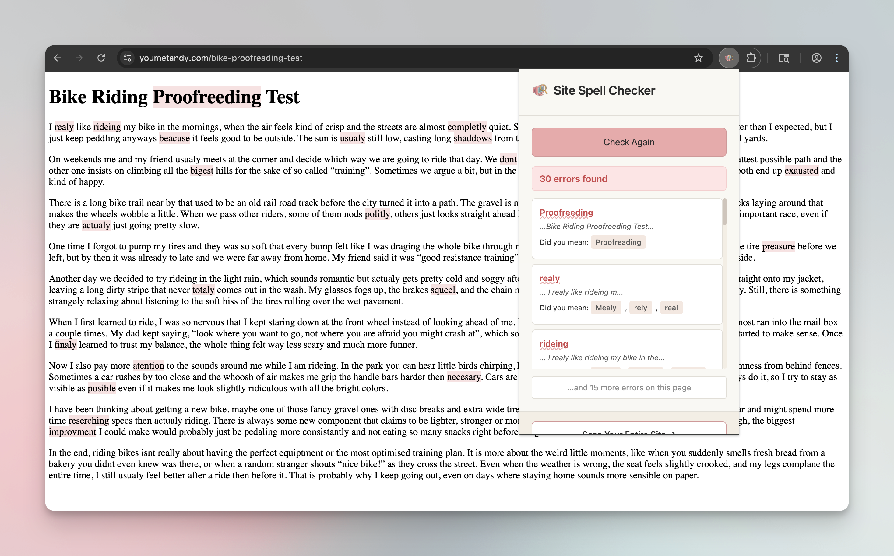 Site Spell Checker Chrome extension popup with spelling suggestions