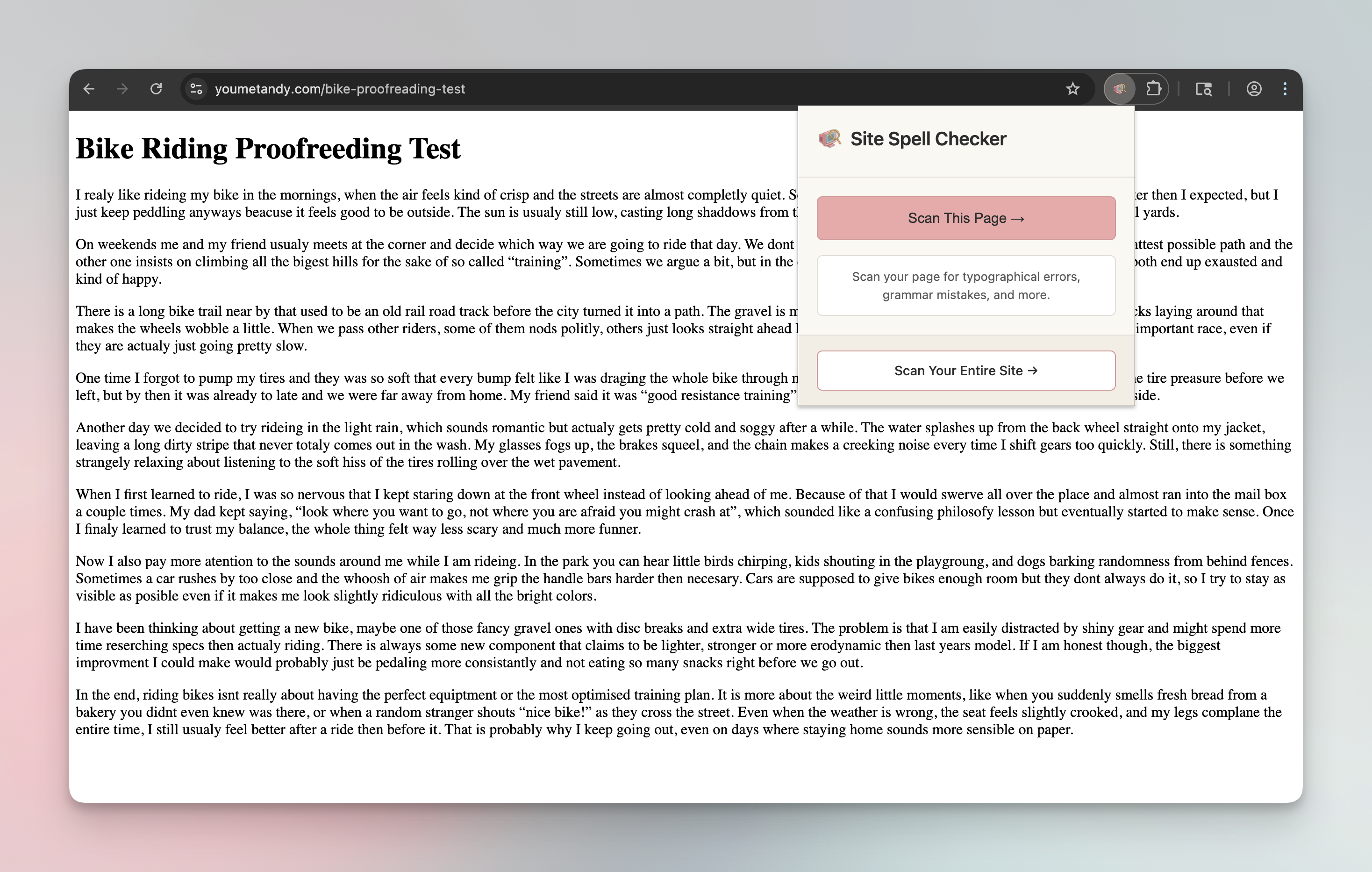Site Spell Checker Chrome extension highlighting issues on a live page